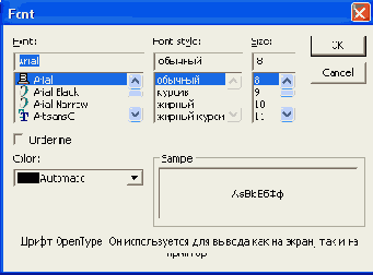 Окно Font (Шрифт)